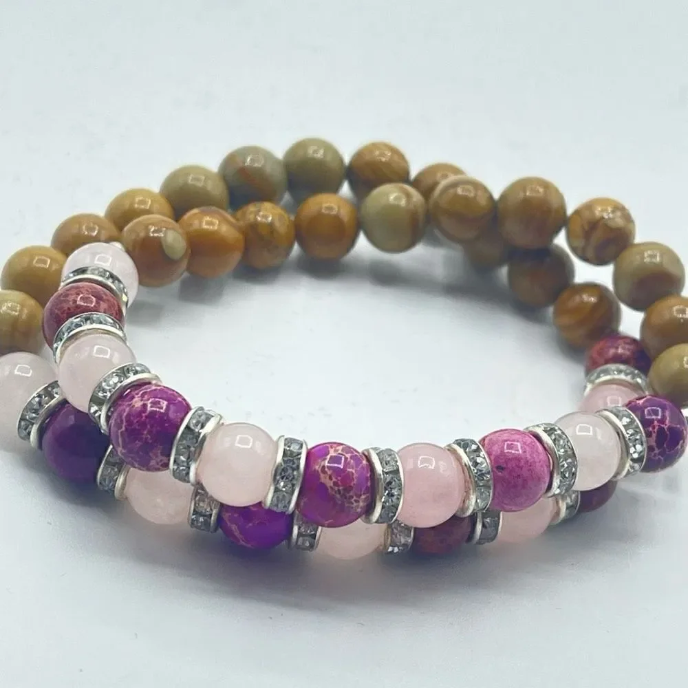 Rose quartz rose imperial jasper wood grain beaded stretch bracelet ONE NEW crys